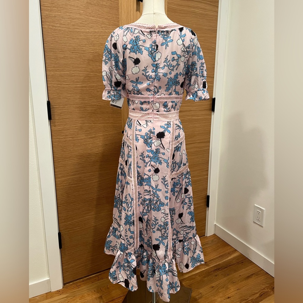 Self-Portrait Pink Floral Midi Dress with Blue Floral Print and Black Accents - Picture 6 of 8